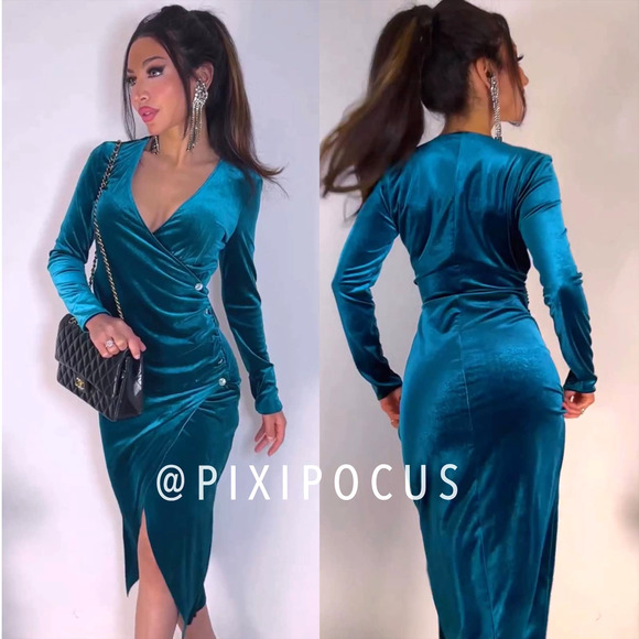 Zara Dresses & Skirts - ZARA VELVET JEWEL BUTTON RUCHED MIDI DRESS BLUE